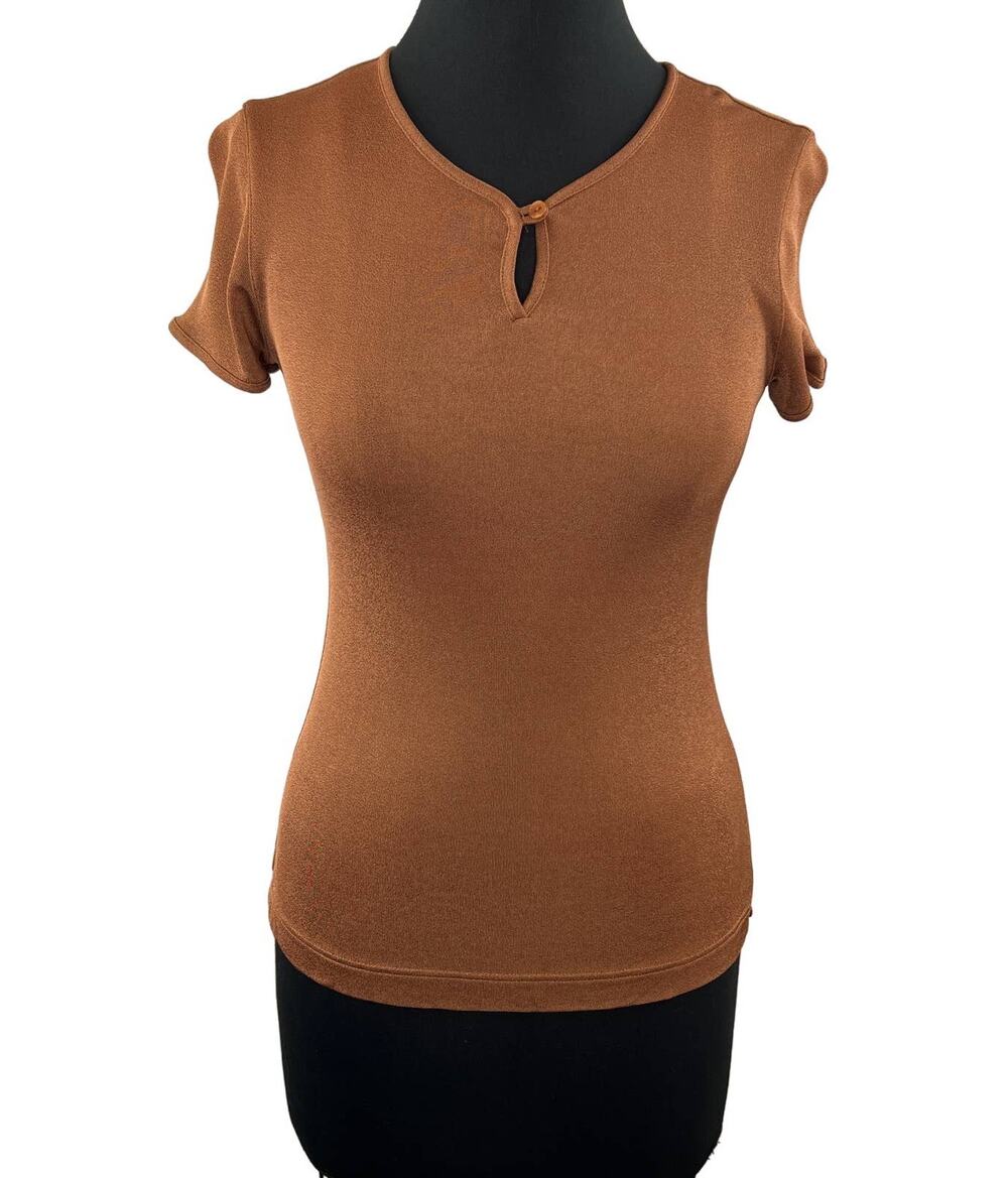 Vintage ESCADA Sport Brown Slim-Fit Keyhole Neck Short Sleeve Top Knit Fitted 8